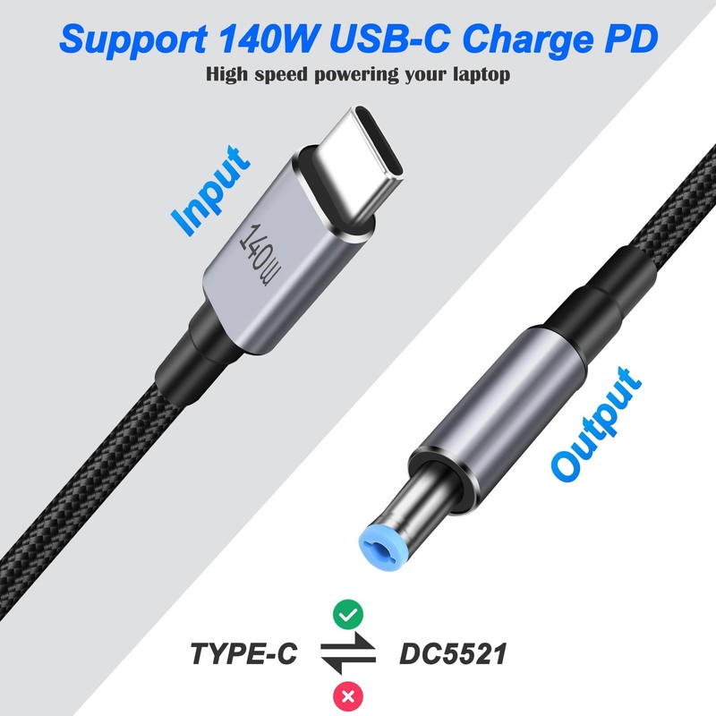 USB C To DC 5.5mm x 2.1mm Power Cable Quick Charging PD 140W 7A 1.8M Cord gallery
