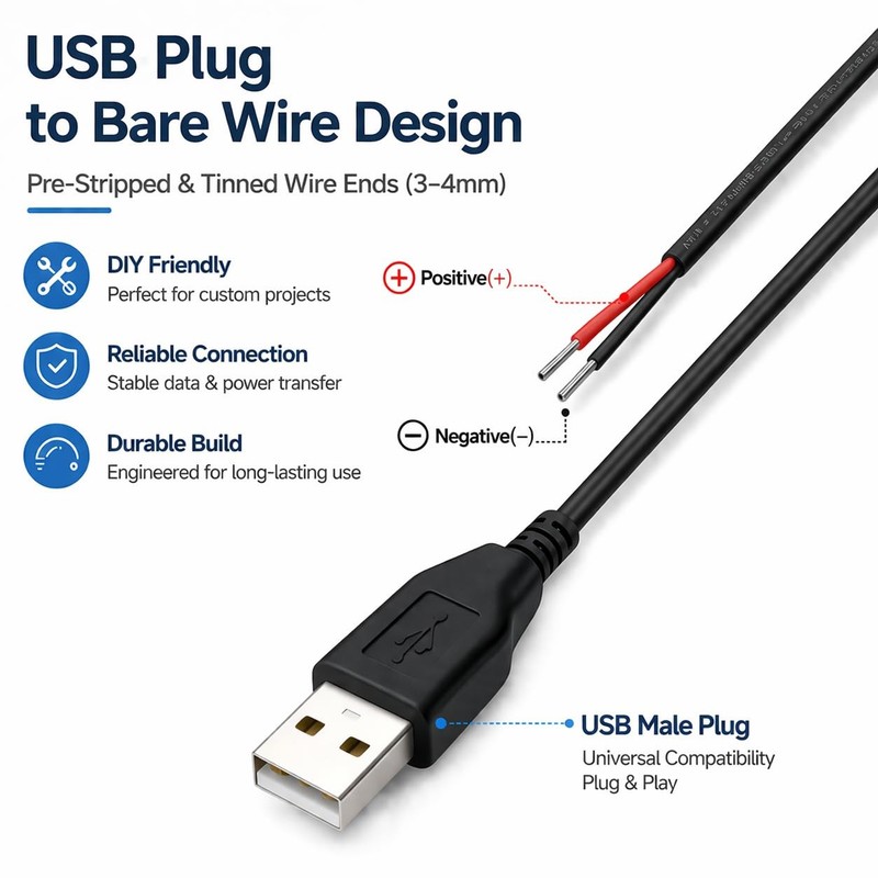 5 PCS USB Pigtail Power Cable Wire 1.64ft 24AWG 2A 5V Bare Open End Copper gallery