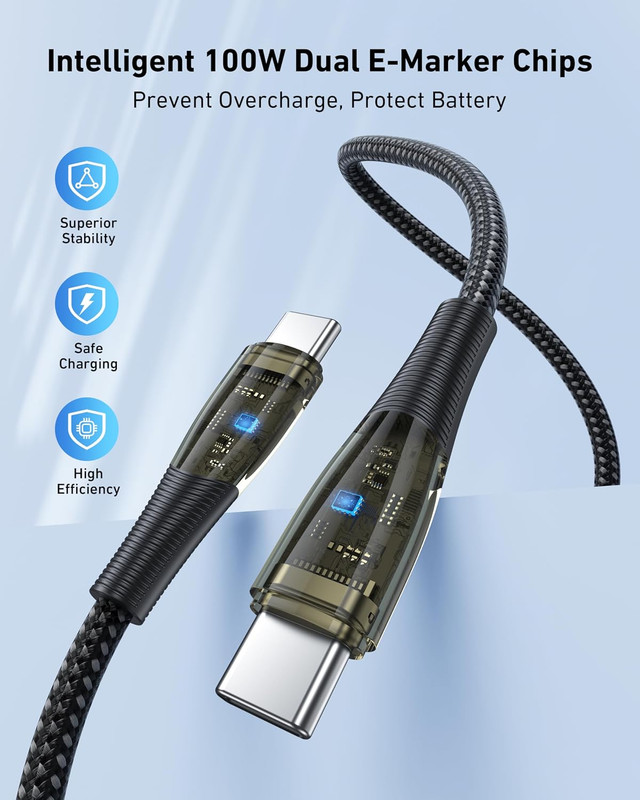 100W USB C to USB C Cable [3-Pack 3.3 Feet], Transparent Fast Charging Cable for gallery