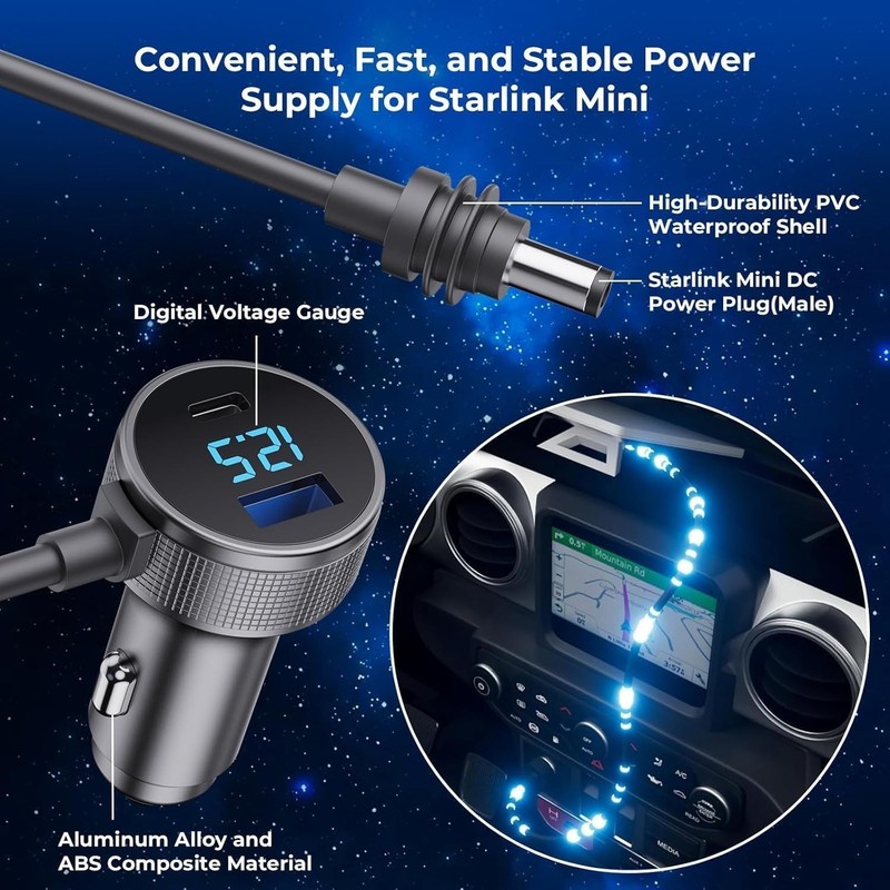 16.4FT 3in1 Starlink Mini Car Charger DC Power Cable+ Cigarette Lighter Adapter gallery