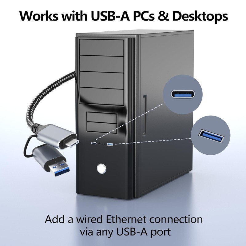 USB-C to Ethernet Cable 3 ft, Built-in USB-A Adapter, 1Gbps Gigabit RJ45 - Plug gallery