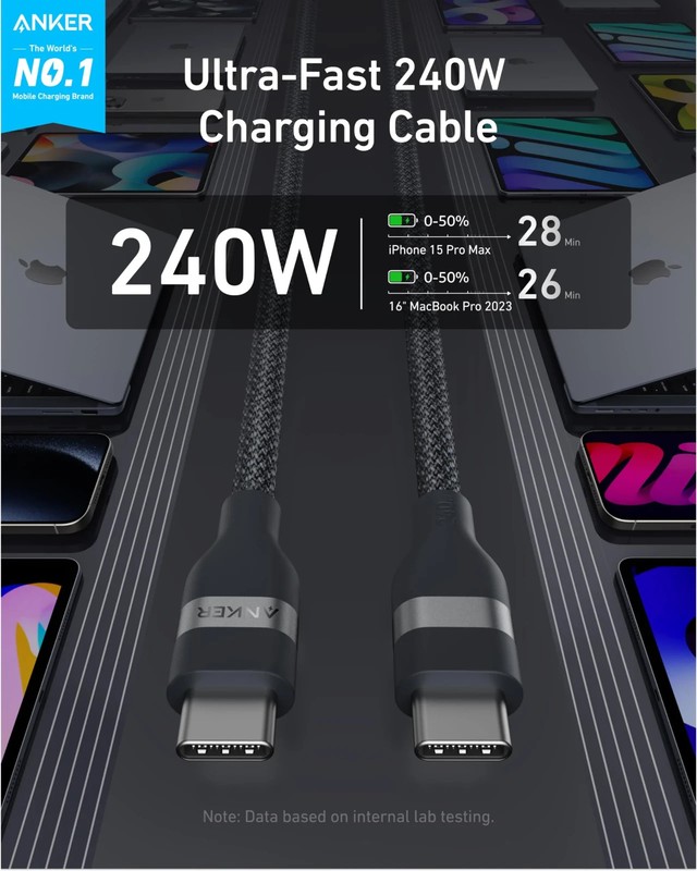 Anker A82E2 USB-C to USB-C Cable (3ft, 240W, Upcycled-Braided) gallery