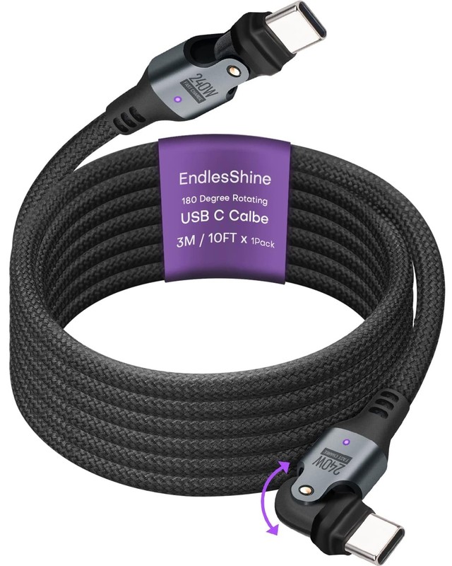 USB C to C Charge Cable 180° Rotation PD 240W 1- Pack 10ft USB2.0 480MBPS & D…