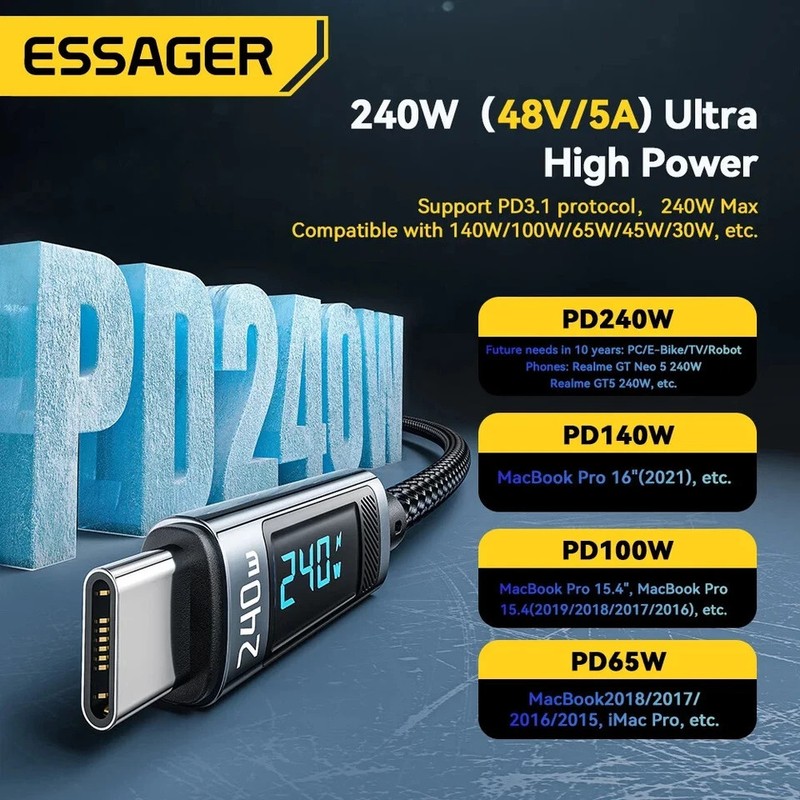 Essager 240W USB Type C To USB C Cable 100W PD 3.1 Fast Charging Charger Wire gallery