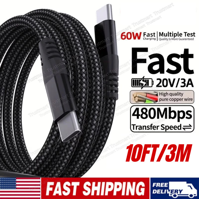 10FT USB-C to USB-C Type C Cable PD Fast Charger For Samsung iPhone 15 16e 17 16