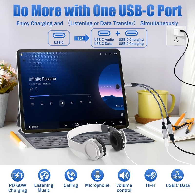 Dual USB C Headphone and Charger Adapter Y Splitter, 2-in-1 Type C to USB-C Audi gallery
