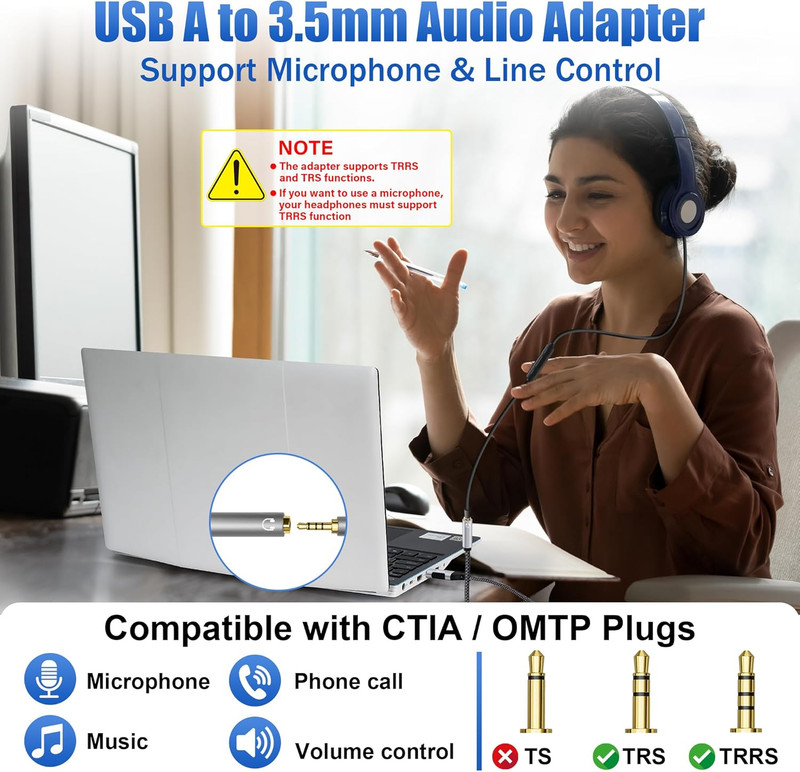 USB 3.0 Male to 3.5Mm TRRS 4-Pole Female Headphone Jack Adapter 2 Pack, USB-A to gallery