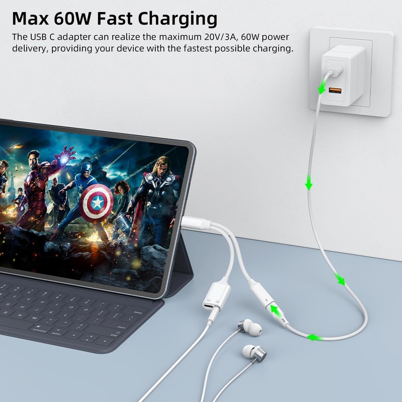 AreMe USB C Splitter 1 in 3 Out, USB C to 3.5mm Headphone and Charger Adapter, D gallery