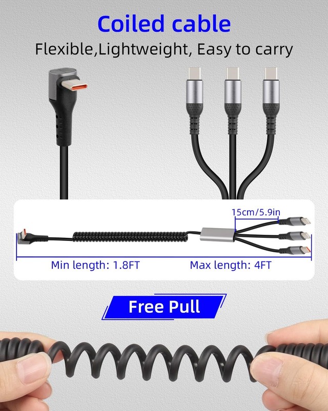3 in 1 Coiled USB C To C Cable Right Angle Splitter 66W/5Gbps Retractable gallery