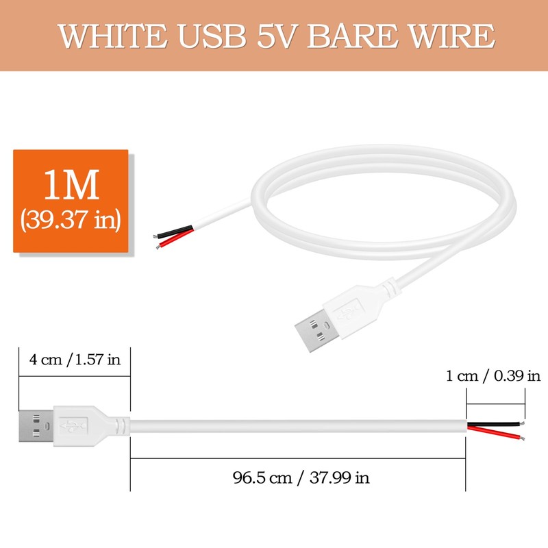 24AWG USB 2.0 Male 2 Pin Bare Wire Pigtail Cable 5V 2A USB Extension Cable Op... gallery