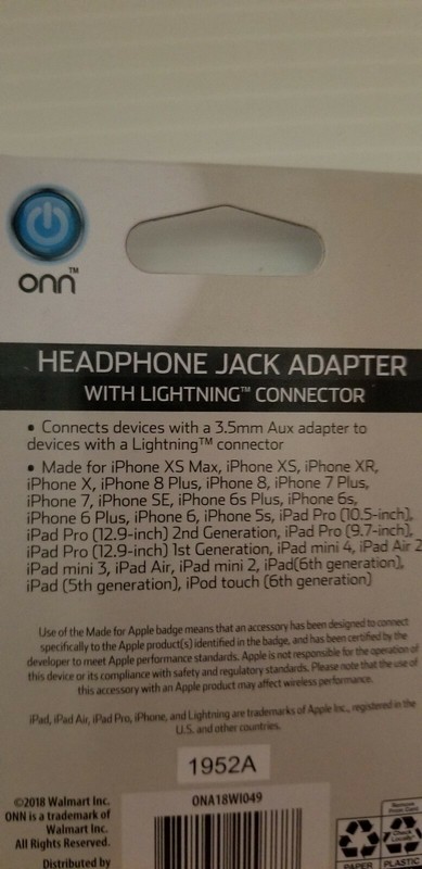 Onn Headphone Jack Adapter W/ Lightening Connector For iPhone/iPad/iPod New 3.5 gallery