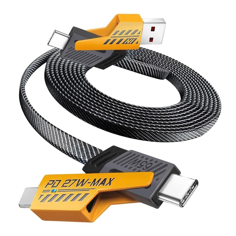 4-in-1 USB-C Data Cable 6ft 65W Fast Charging Flat Braided Anti-Tangle Universal