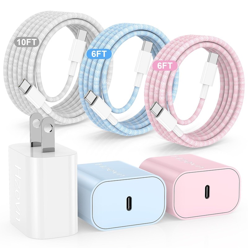 Hzevn USB C Fast Charger 20W 3 Pack with Braided Cables