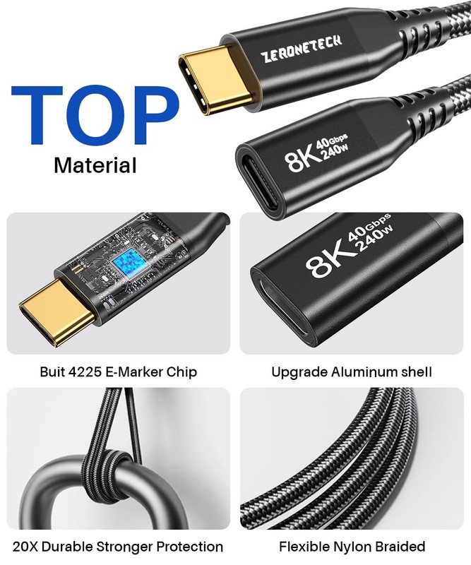 1FT Short USB Type C 4.0 Extension Cable 40Gbps 240W PD Fast Charging Monitor gallery