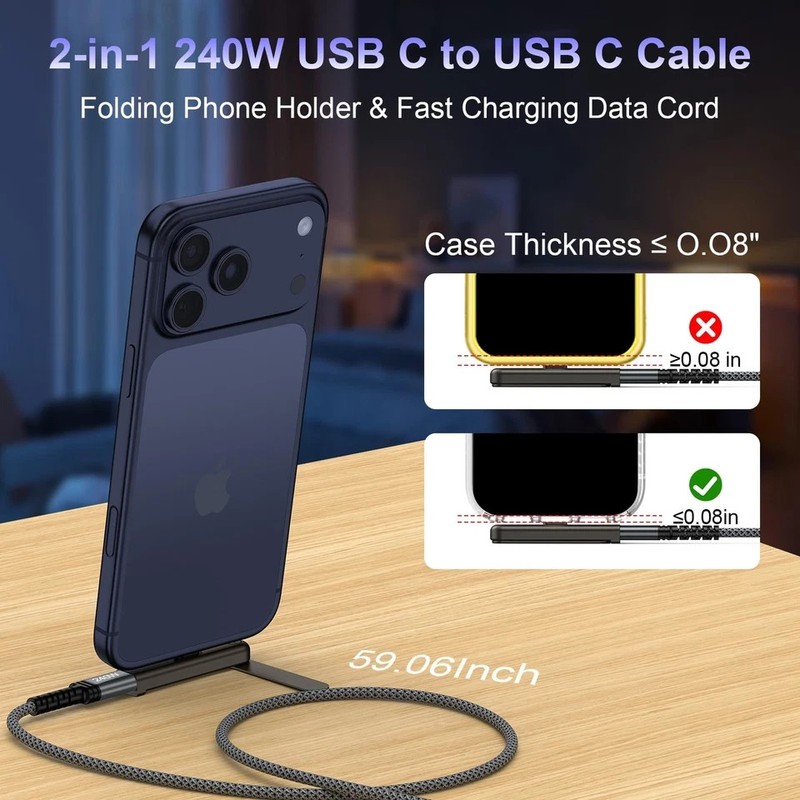 240W USB C to Type C Fast Charging Cable With Detachable 2 in 1 Phone Stand gallery