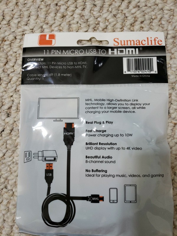Sumaclife MHL 11 PIN MICRO USB TO HDMI Built-In MHL Adapter 6' Foot HDMI Cable gallery