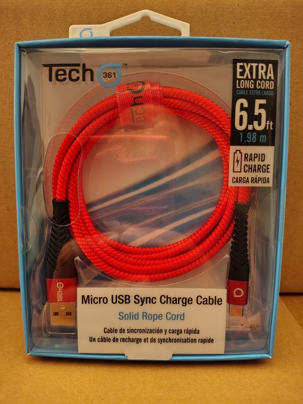 Tech 361 Micro USB Sync Charge Cable Solid Rope Cord 6.5ft Rapid Charge Red