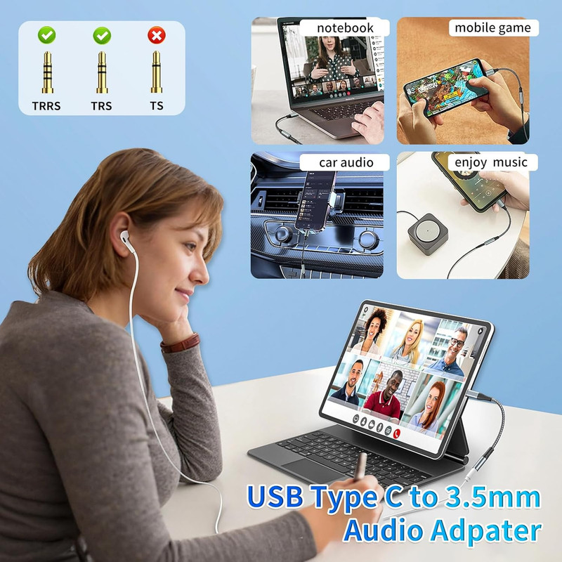 Usb C To 3.5mm Aux To Usb C Adapte(2 Pack), Usb C To Aux Adapter Type C Hi-Fi Us gallery