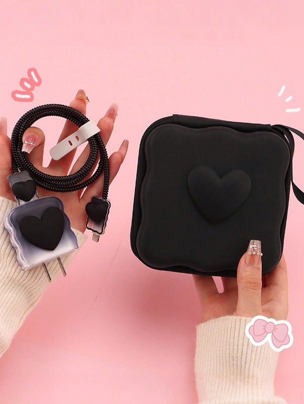 Black Love Heart 5-Piece Cable Protector Set With Storage Pouch