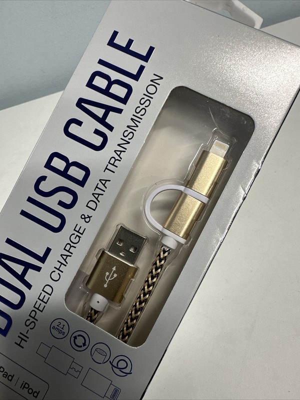 Dual USB Cable Hi Speed Charge Data Transmission Gold/Black NEW box $12.99 gallery