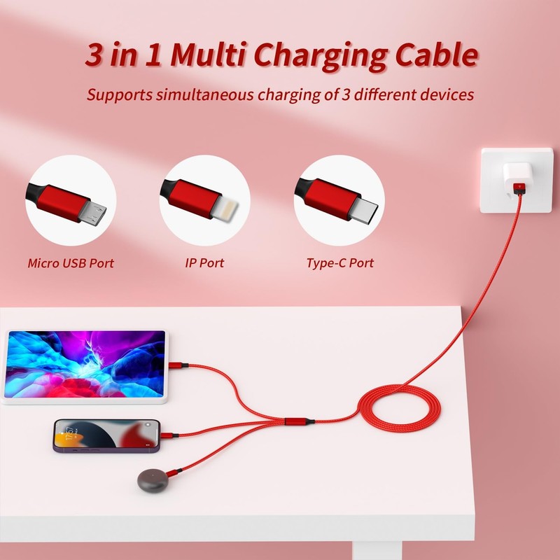 3 in 1 Multi Charging Cable[2 Pack 4FT], Red Braided Nylon USB Cable & Travel... gallery