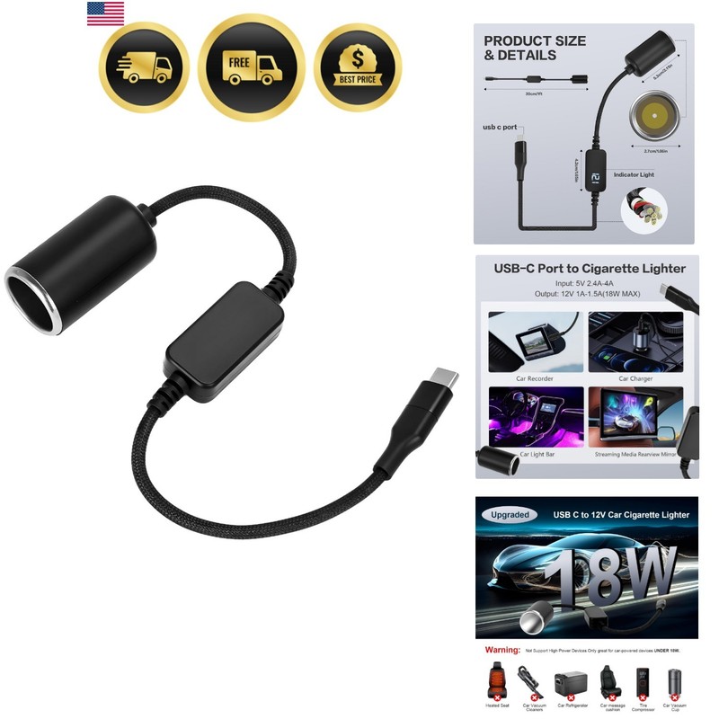 USB C to 12V Adapter, USB C to 12V Cigarette Lighter Adapter ，Type C Male to …