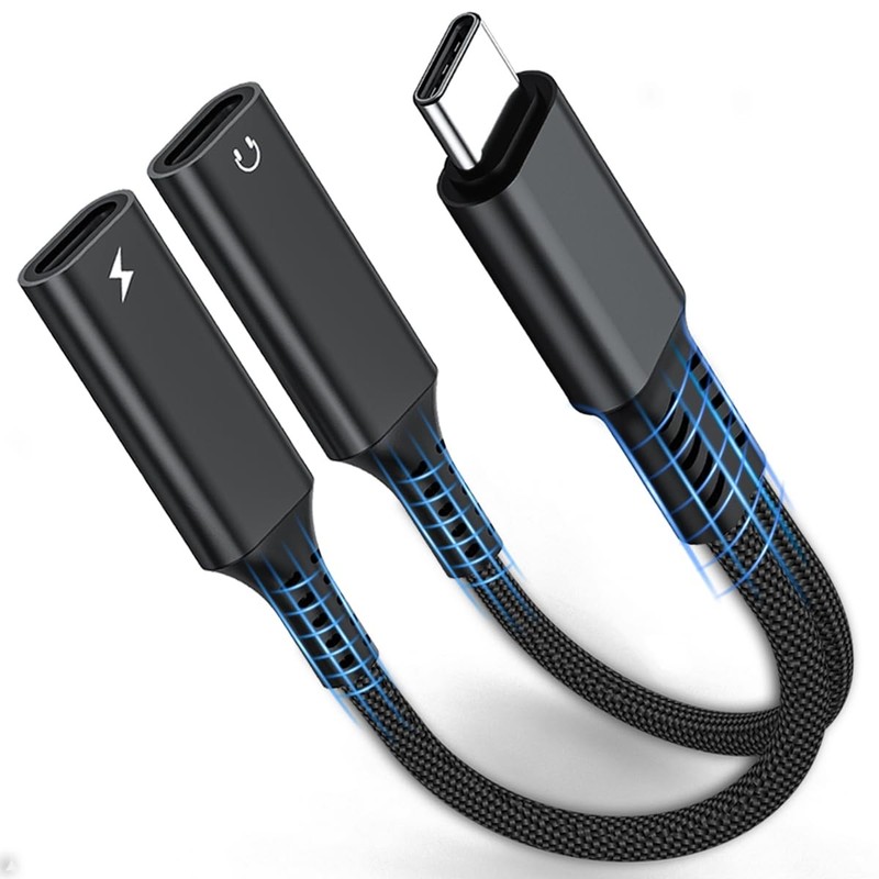 USB C Splitter, Dual C Headphone and Charger Adapter, 1 in 2 Out Black