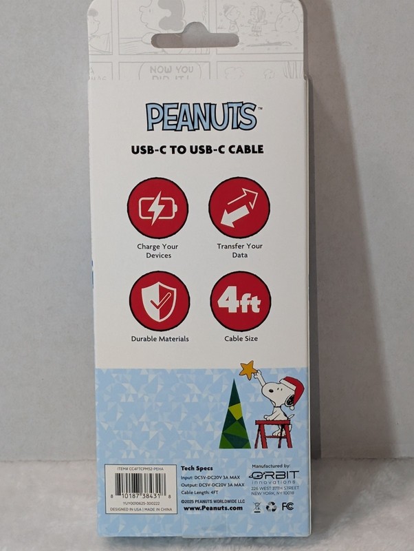 New Peanuts Snoopy USB-C Charging Cable 4FT Holiday Tree 75th Annivsry Christmas gallery