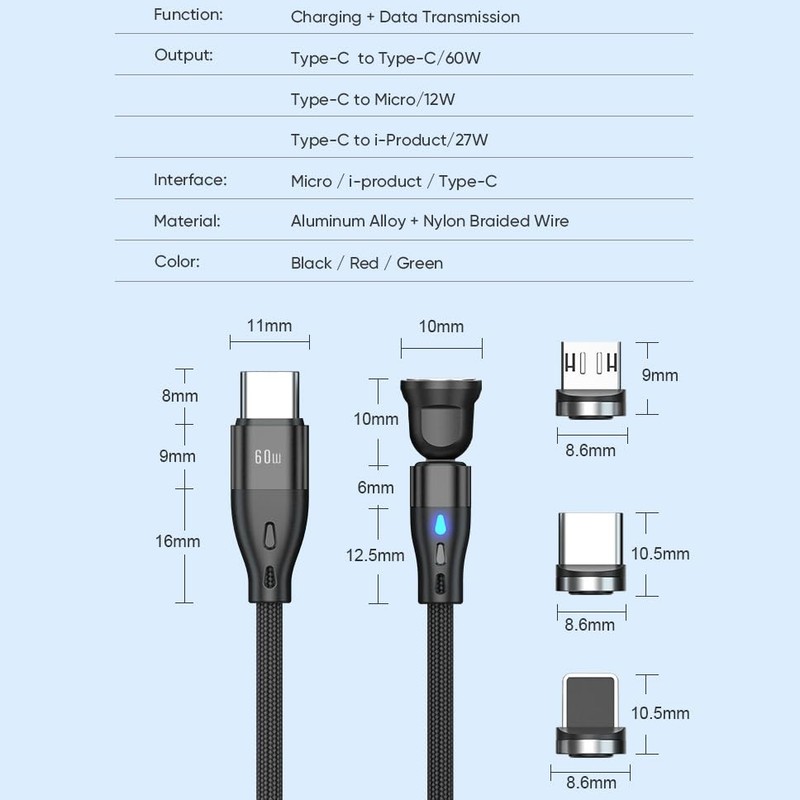 Generic Magnetic PD 60W USB C Charging Cable 3.3ft Black 1pc Aluminum gallery