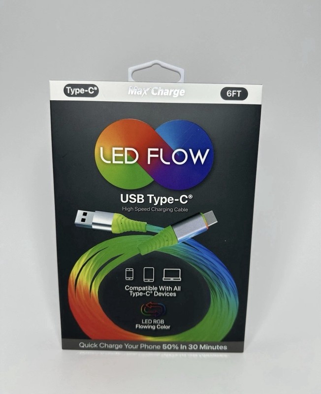 LED Flow USB Type-C RGB Charging Cable 6FT Fast Charge Glow Light – New
