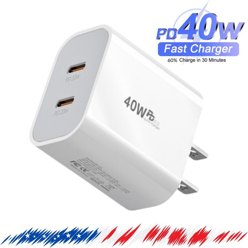 Dual USB Type C Adapter PD4.0 Wall Charger 40W USB C Charger Fast Charging Block