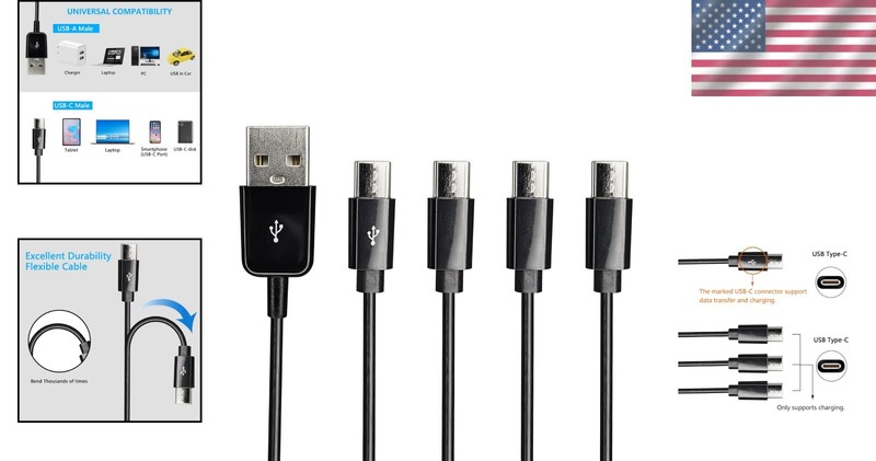 Compact 1ft 4-in-1 USB A to Type C Splitter Cable - Heat Resistant Black Design gallery