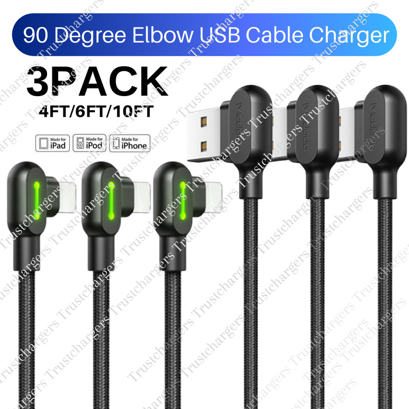 3Pack 90 Degree USB Fast Charger Cable For iPhone 14 13 12 11 8 XR Charging Cord