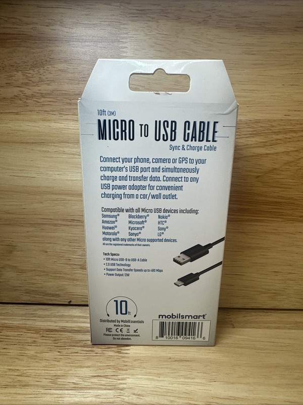 Black 10Ft Micro to USB Cable - Sync & Charge Cable Mobilsmart by MobilEssential gallery