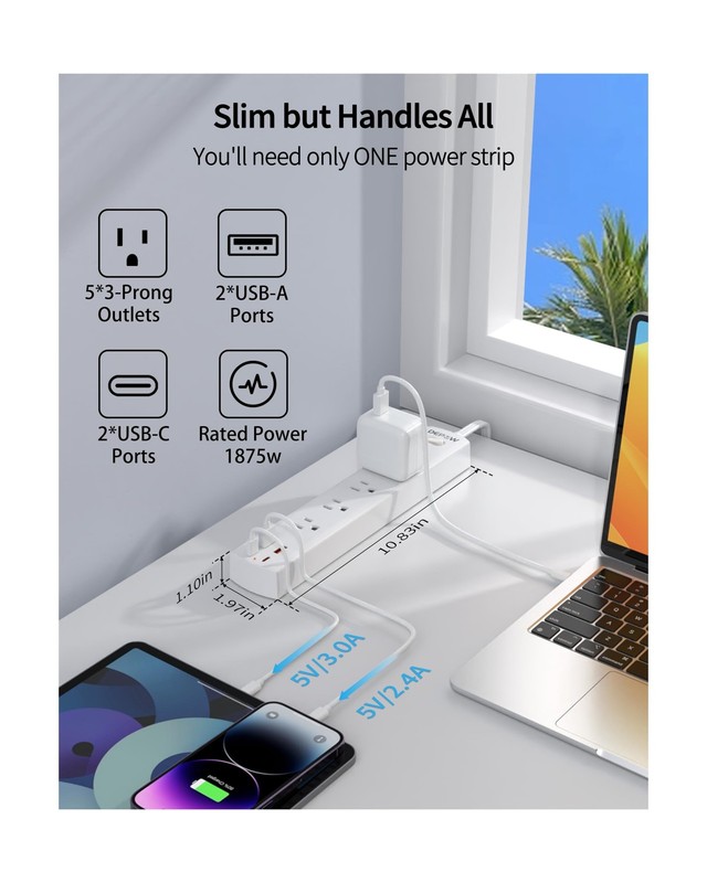 10 Ft Ultra Thin Extension Cord, 5-Outlet Power Strip Surge Protect... Fast Ship gallery
