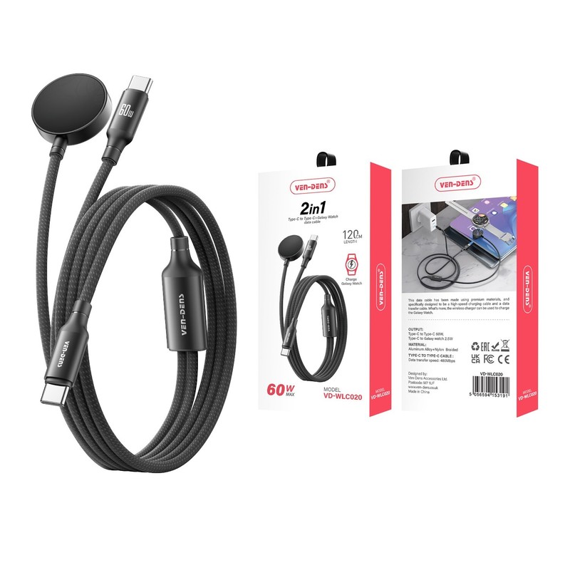 VEN-DENS 2-in-1 60W Fast Charger USB-C to usb-c Galaxy Watch Charging Cable
