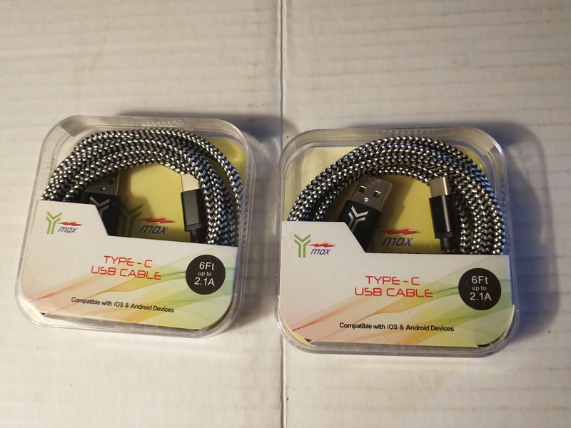 Lot of 2 Type-C USB Cable - 6 foot New In Package Compatible With iOS & Android