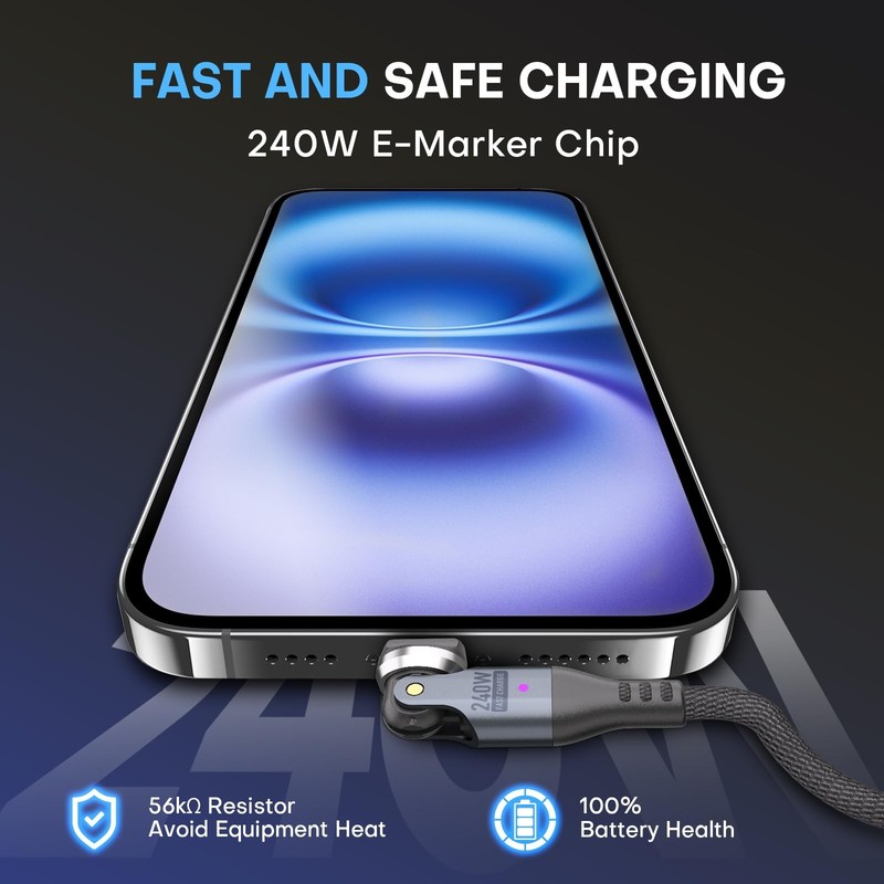 Black 6 Ft 240W PD Type C To Type C Fast Charging USB 2.0 Data Cable 360 Spin gallery