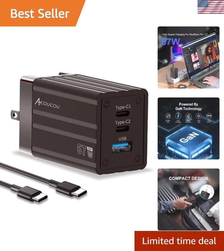 67W Fast Charging GaN Adapter – Compatible with MacBook Pro, Phone 14/13 & More