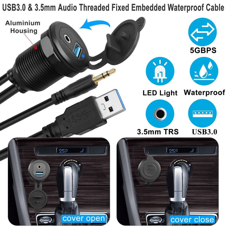 USB3.0 & 3.5mm Audio Threaded Fixed Embedded Car Waterproof Cable 5Gbps TRS 3... gallery