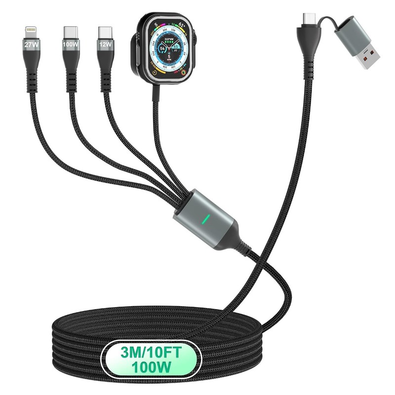 100W 2 USB C Multi Charging Cable for Apple Watch 10FT, USB C Fast Charging Cord