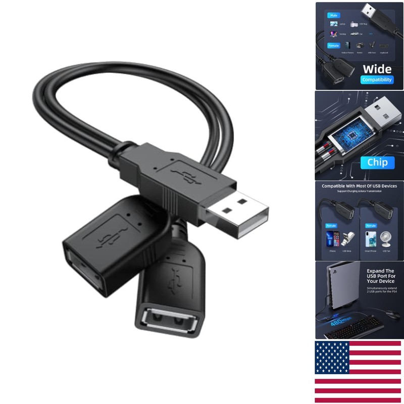 Dual USB 2.0 A Male to Female Y Splitter for Fast Charging & Data Sync | 30cm