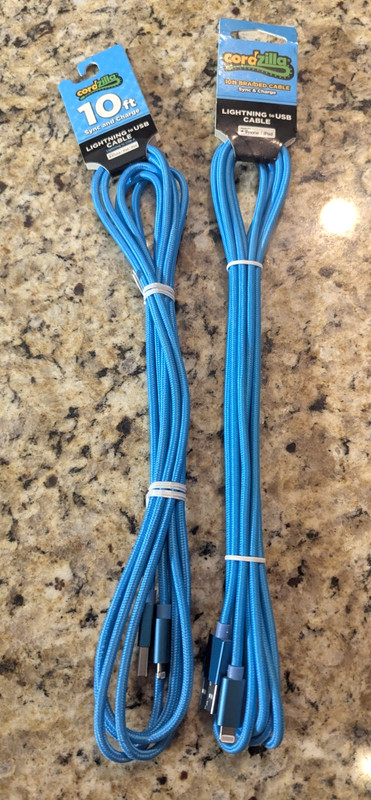 Cordzilla 10 ft 8 Pin iPhone Compatible to USB-A Charging Cable Bright Blue 2 PK