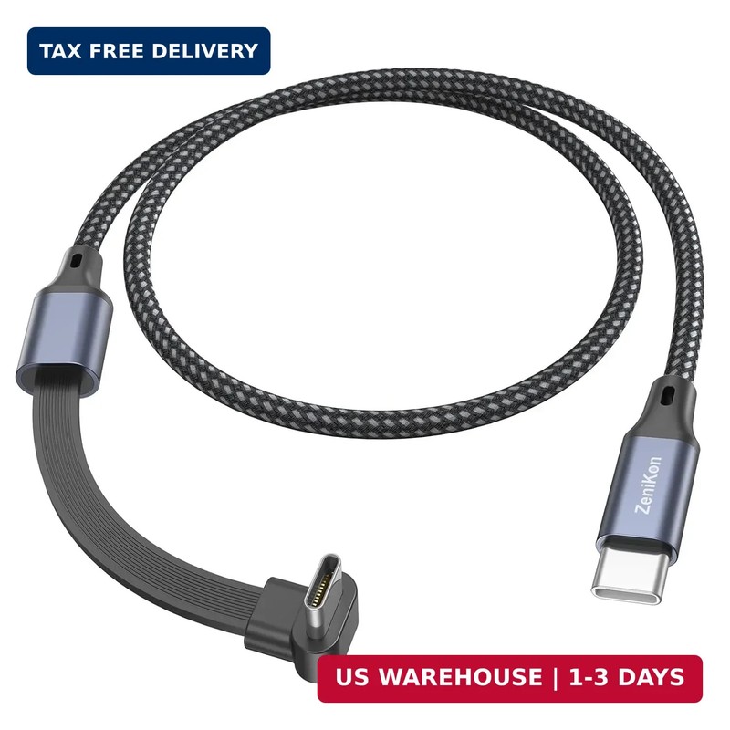 90 Degree USB C Cable 1FT, Right Angle USB C Cable Flat 60W Fast Charging Nyl...