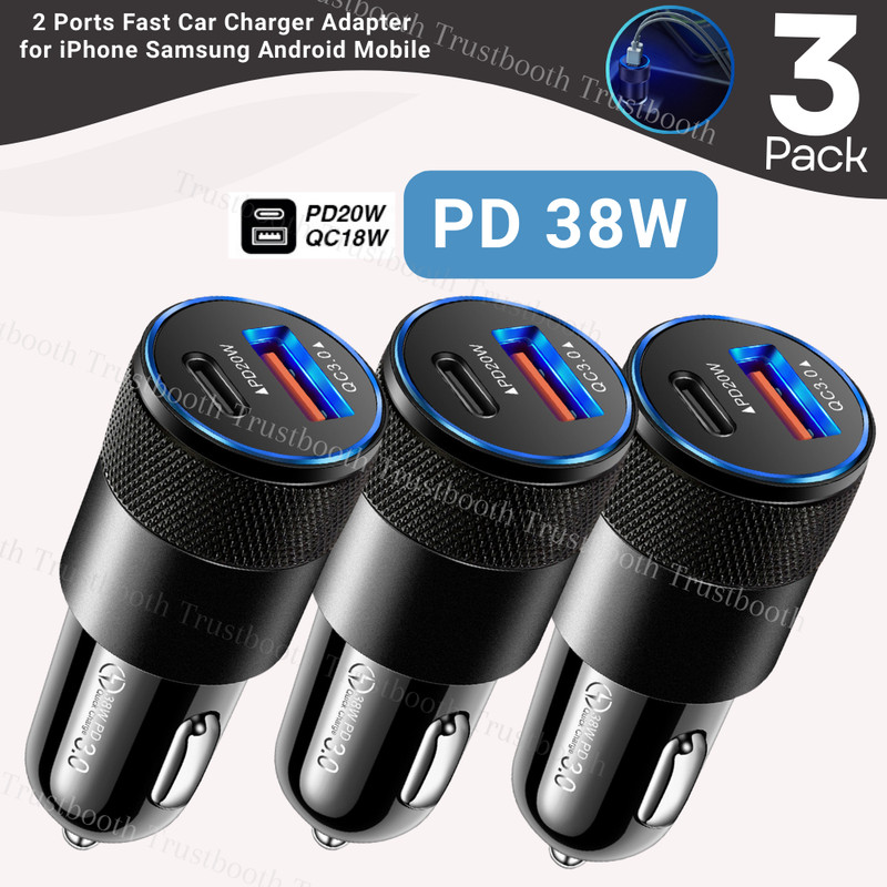 3Pack 2Port Fast Car Charger PD 38W 12V Adapter for iPhone Samsung Android Phone