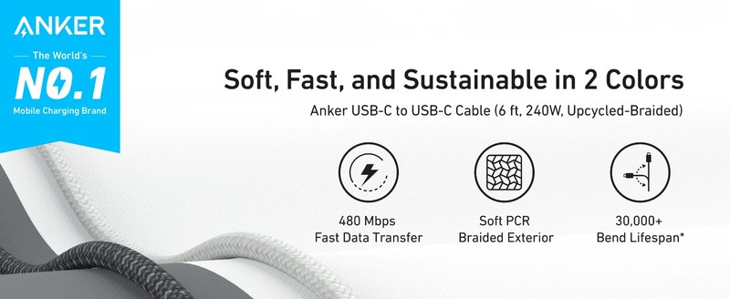 Anker A82E2 USB-C to USB-C Cable (3ft, 240W, Upcycled-Braided) gallery