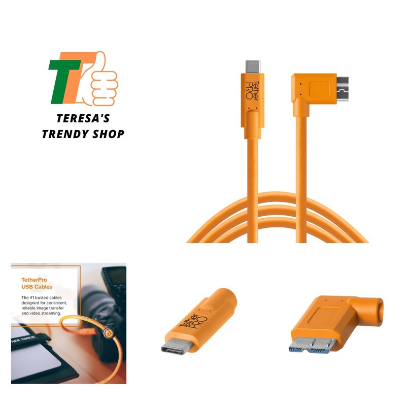 TetherPro 15′ USB-C to 3.0 Micro-B Right Angle Cable – Fast Performance, Orange