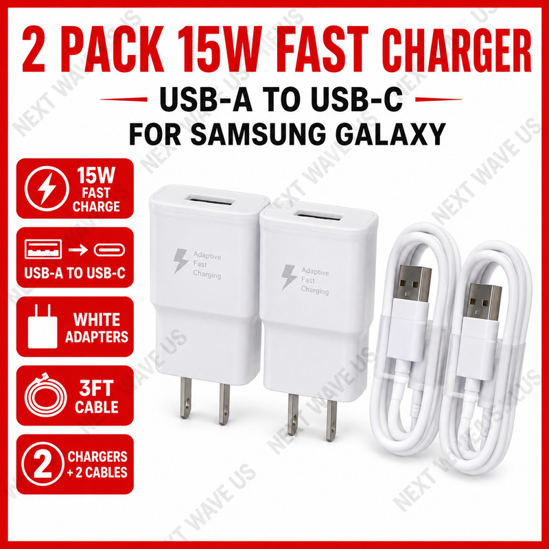 2-Pack 15W Adaptive Fast Charger Wall Adapter + 2x 3ft USB-C Cable Galaxy