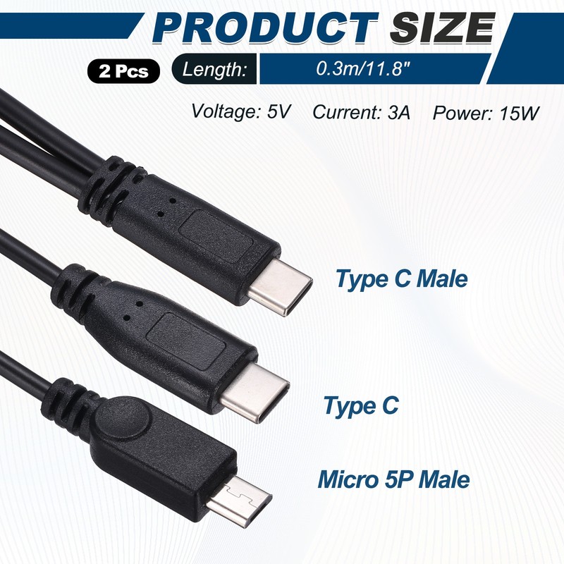 2Pcs Type C Male to Type C and Micro 5P Male 2 in 1 Splitter 11.8" gallery
