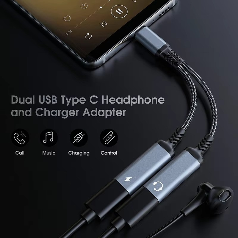 2 in 1 Type-C USB C to 3.5mm AUX Audio Headphone Jack Adapter Charger Cable New gallery